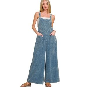 Zenana Mineral Washed Gauze Wide Leg Overalls, Size: L